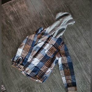 Plaid button downs with gray hood.